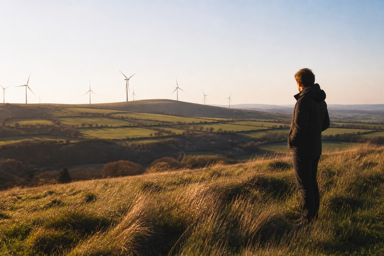 Wind turbines under a bright UK sky.