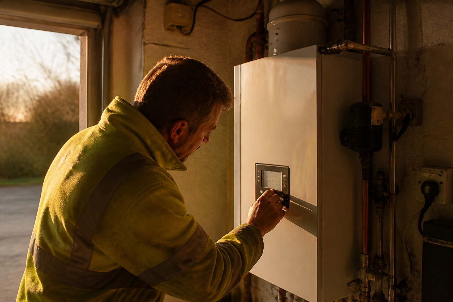 Technician inspecting home heat pump equipment.