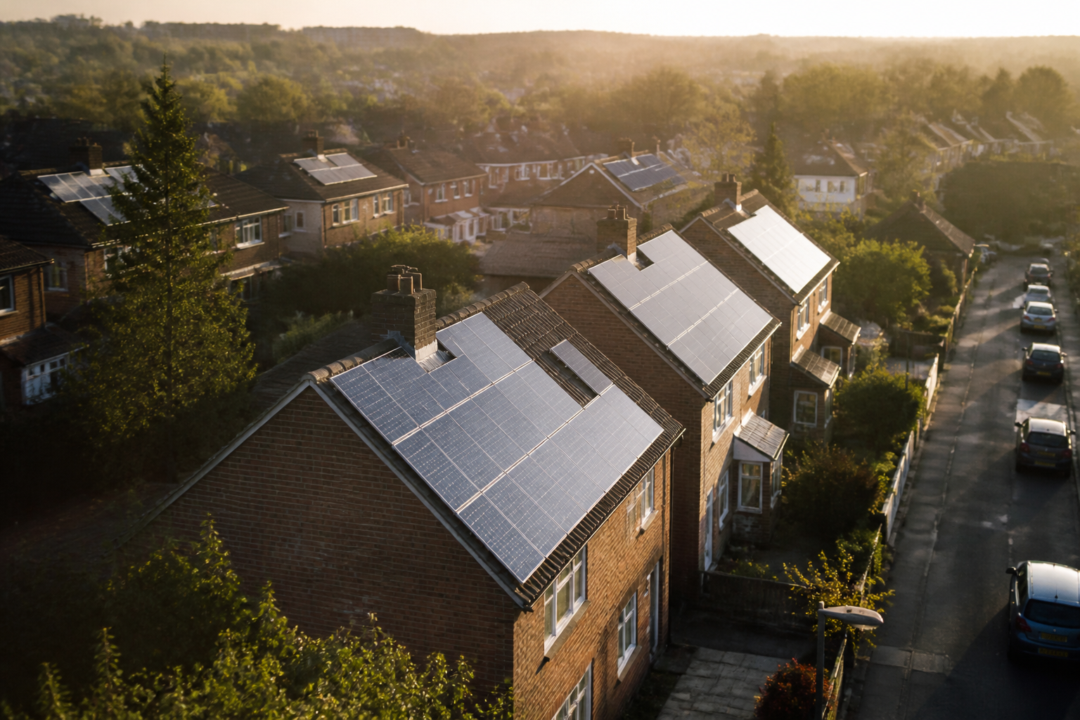 Residential street with modern solar panel installations.