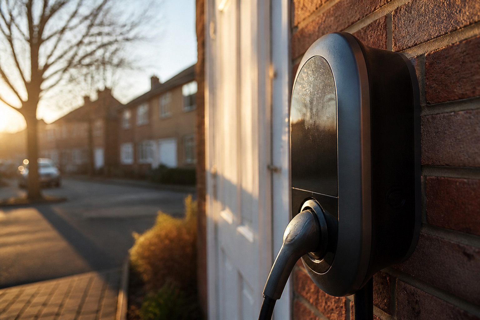 A white home electric vehicle charger mounted on a house exterior.