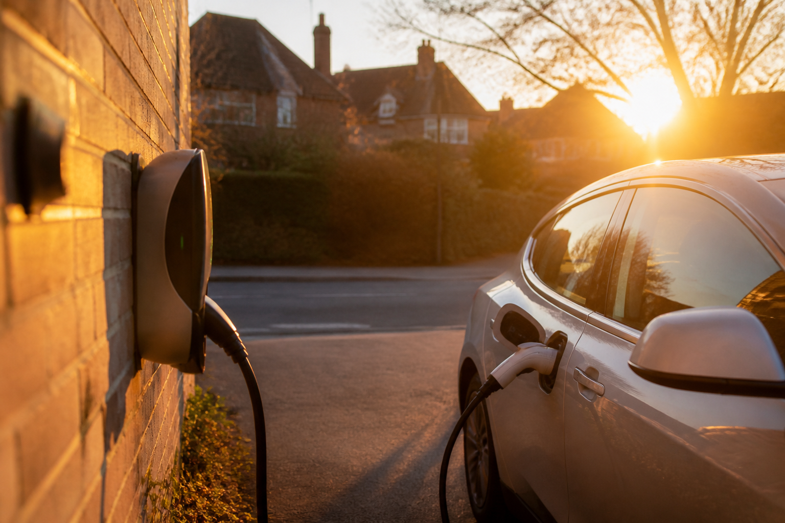 An electric car charging on a driveway in a residential UK area.
