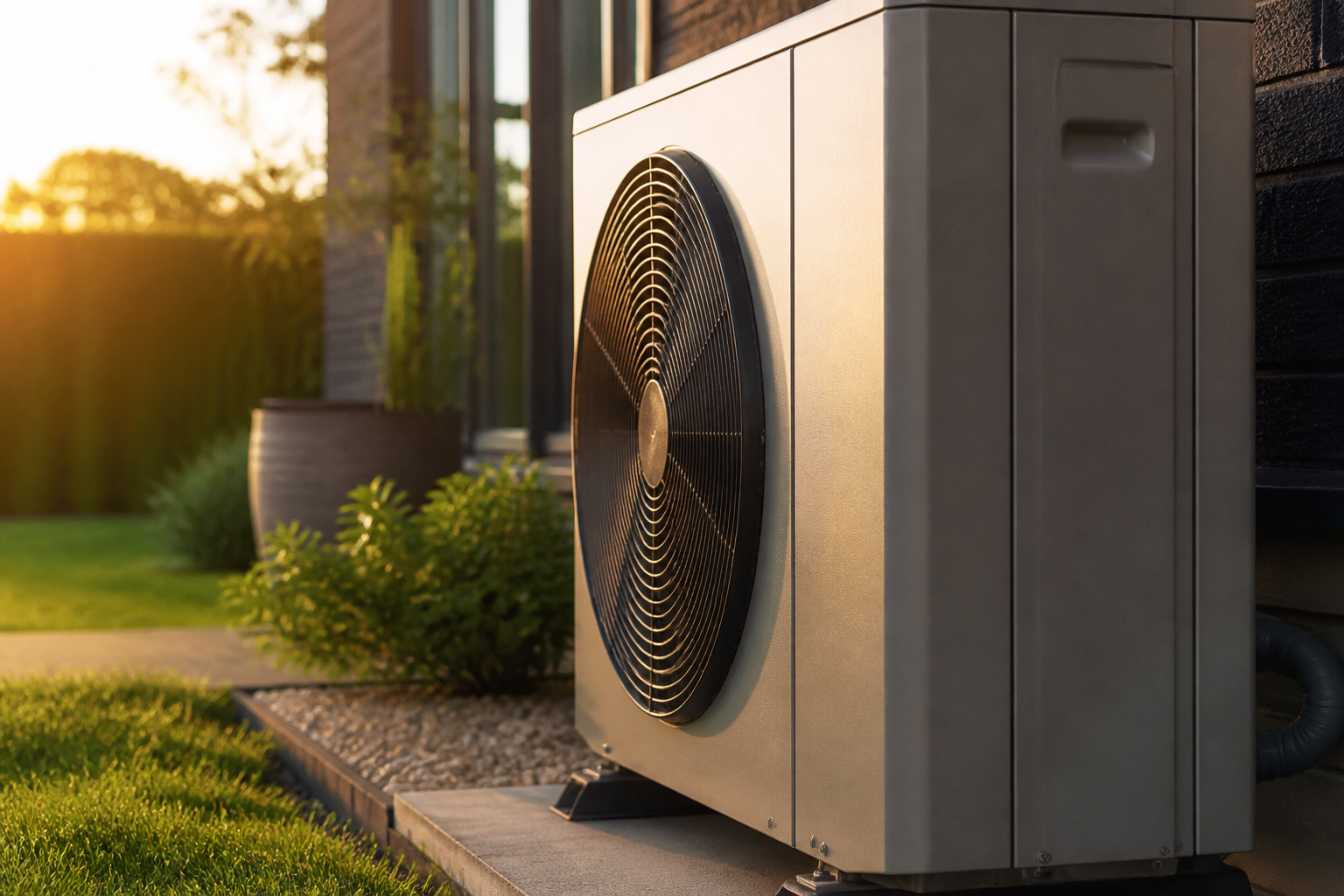 An air source heat pump installed in a residential garden.