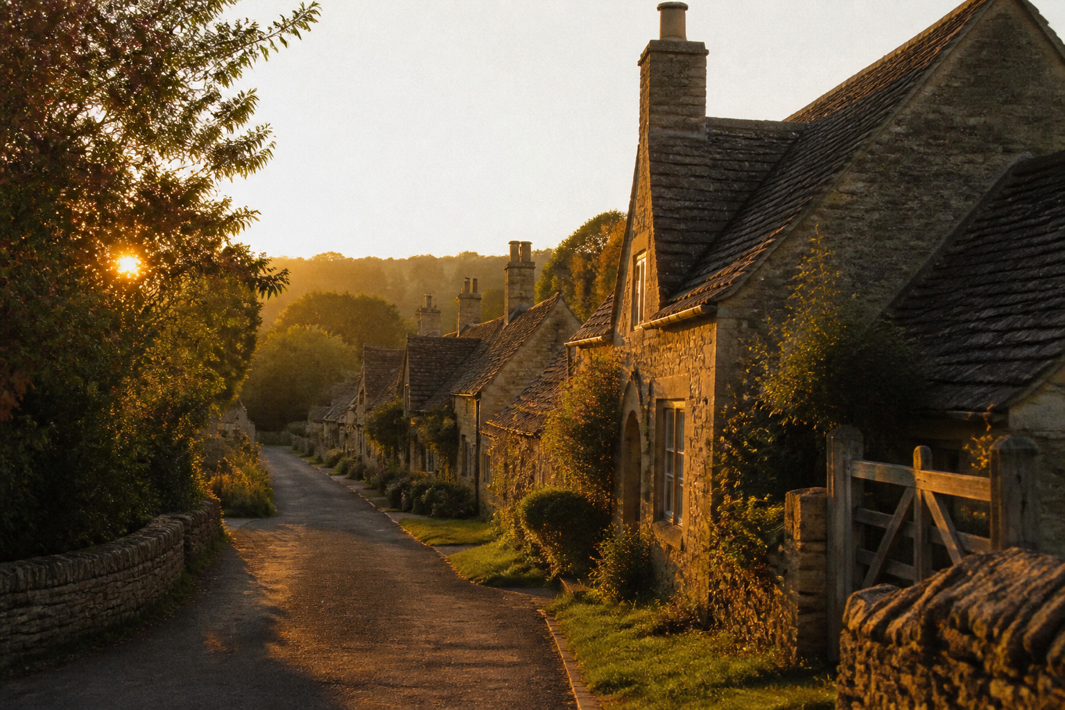 A row of traditional stone houses in a quiet English rural village.