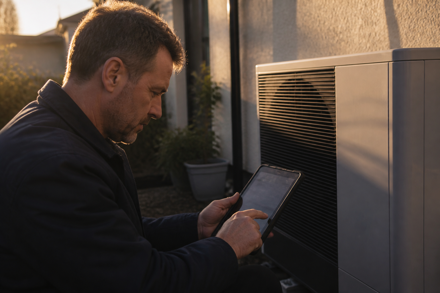 Heating engineer using a digital device to check heat pump settings.