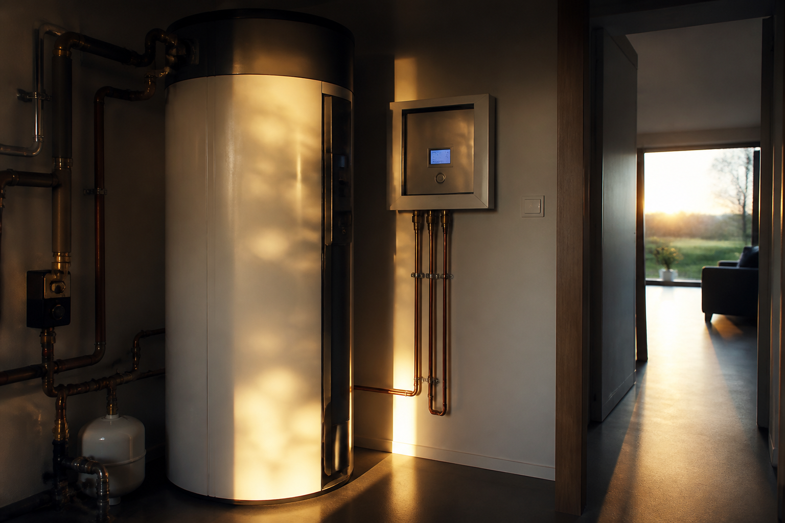 Clean, professional domestic installation of heat pump hardware.