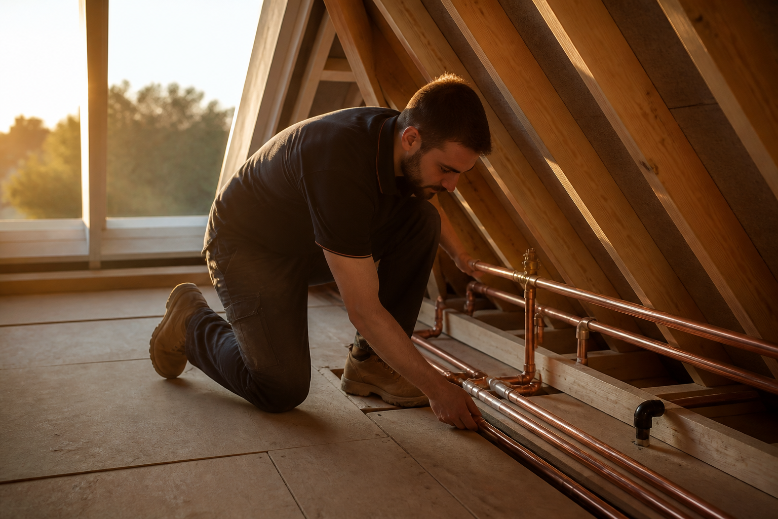 Heating professional working on domestic pipework in a home attic.