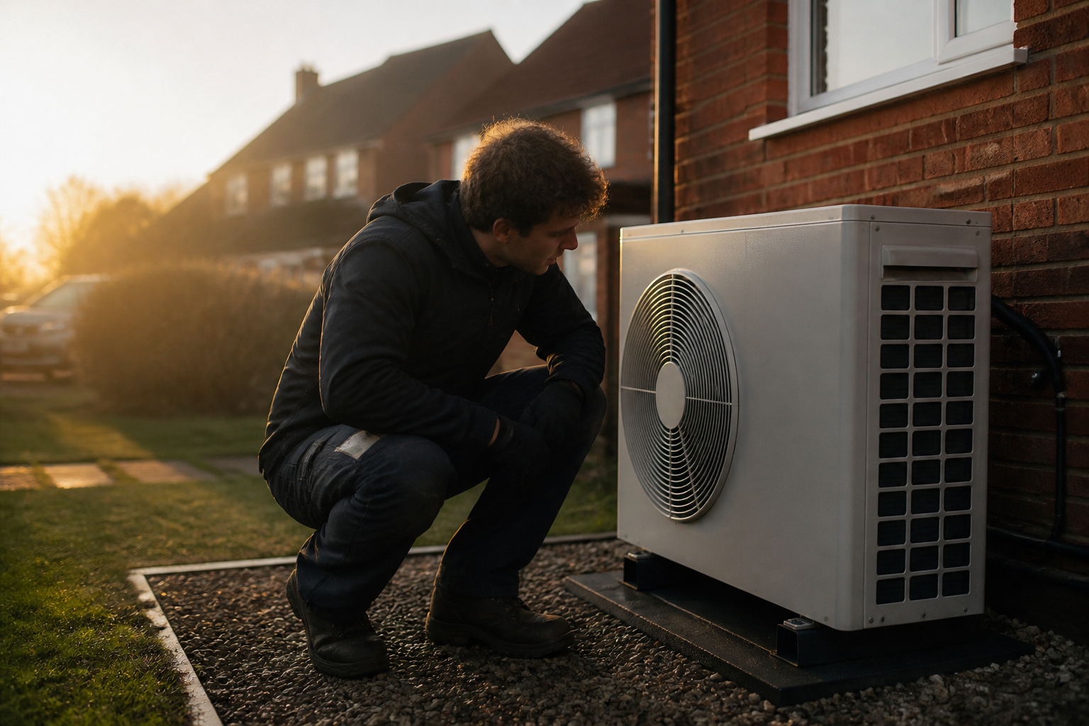 Technician in high-visibility gear checking a heat pump unit