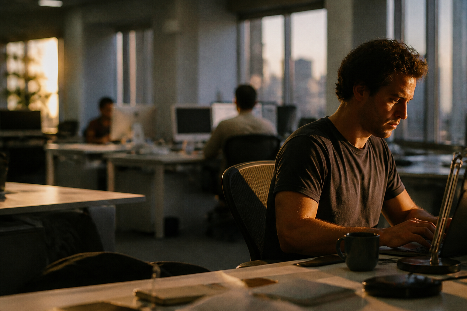 A clean office workspace with laptop