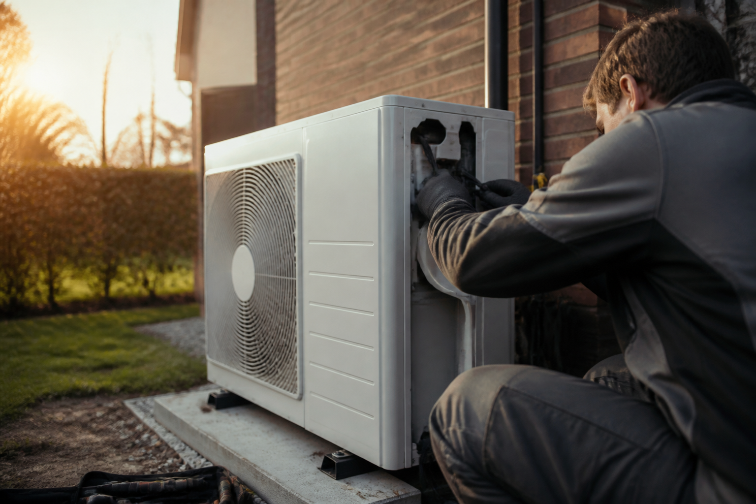 Close up of a heat pump unit during residential installation