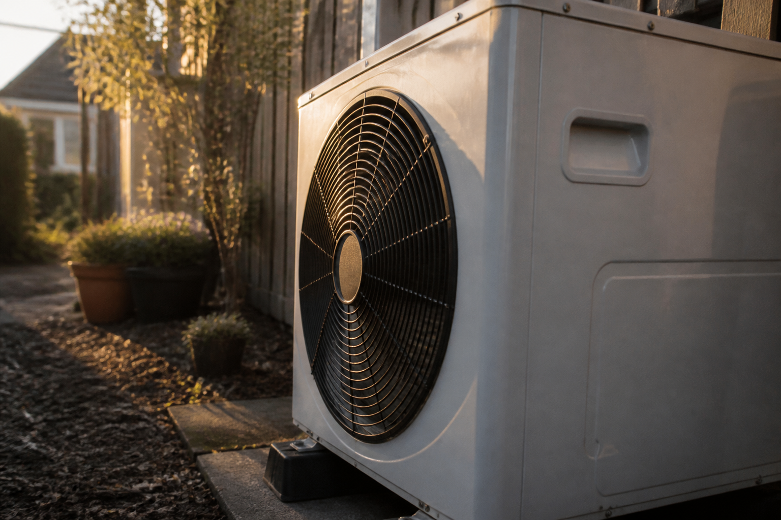 An external heat pump unit sitting on a concrete base in a garden.