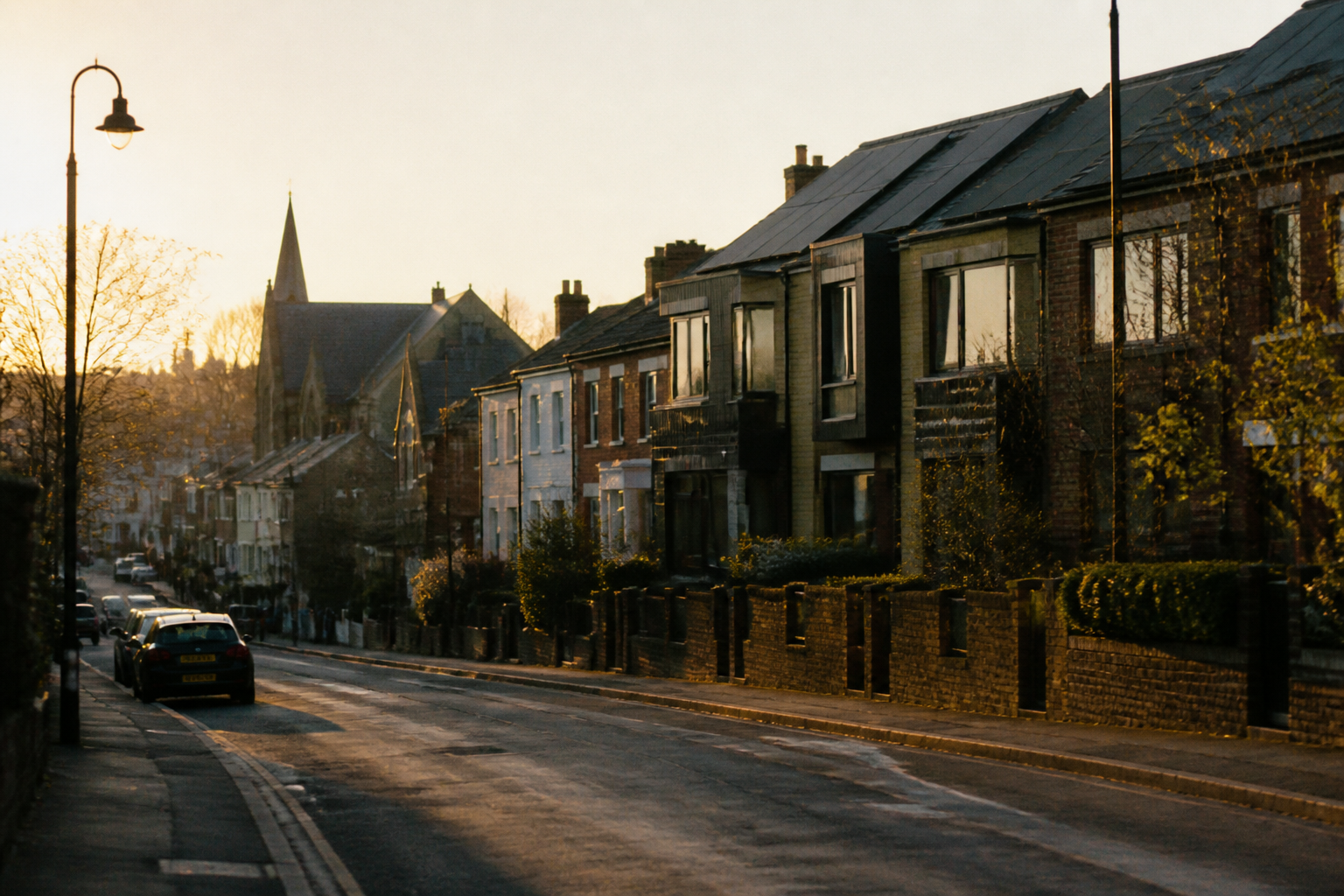A row of terraced houses with visible energy efficiency upgrades.