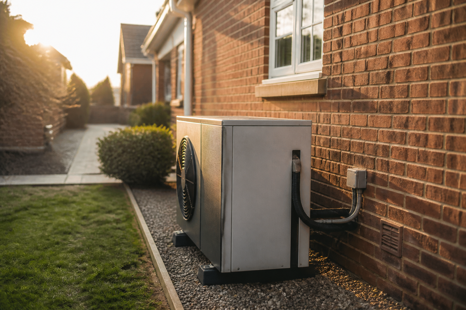 A modern, energy efficient UK house with an air source heat pump unit visible in the garden.