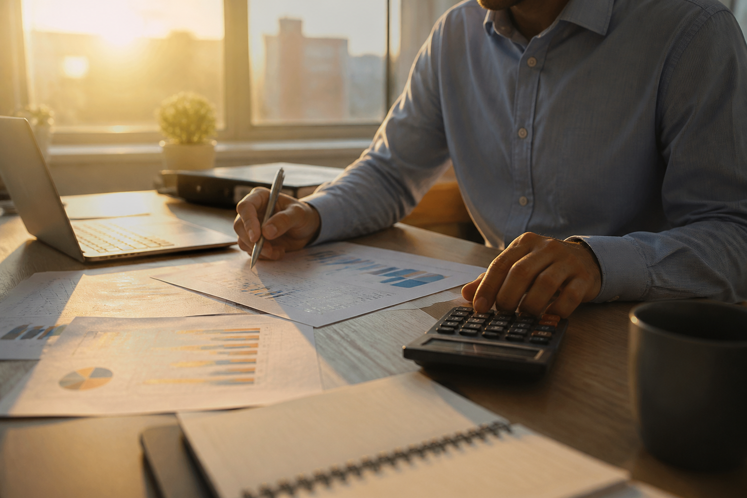 A person working at a clean, modern desk in a UK office with a laptop and financial notes, representing payroll and household financial management.