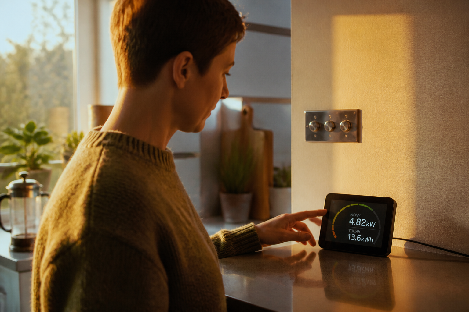 Close up of a home energy monitor showing usage figures.