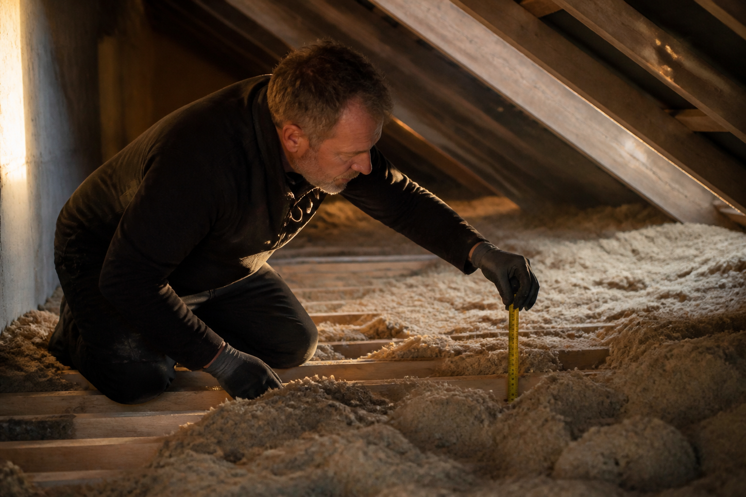 Worker inspecting loft insulation for a home energy check.