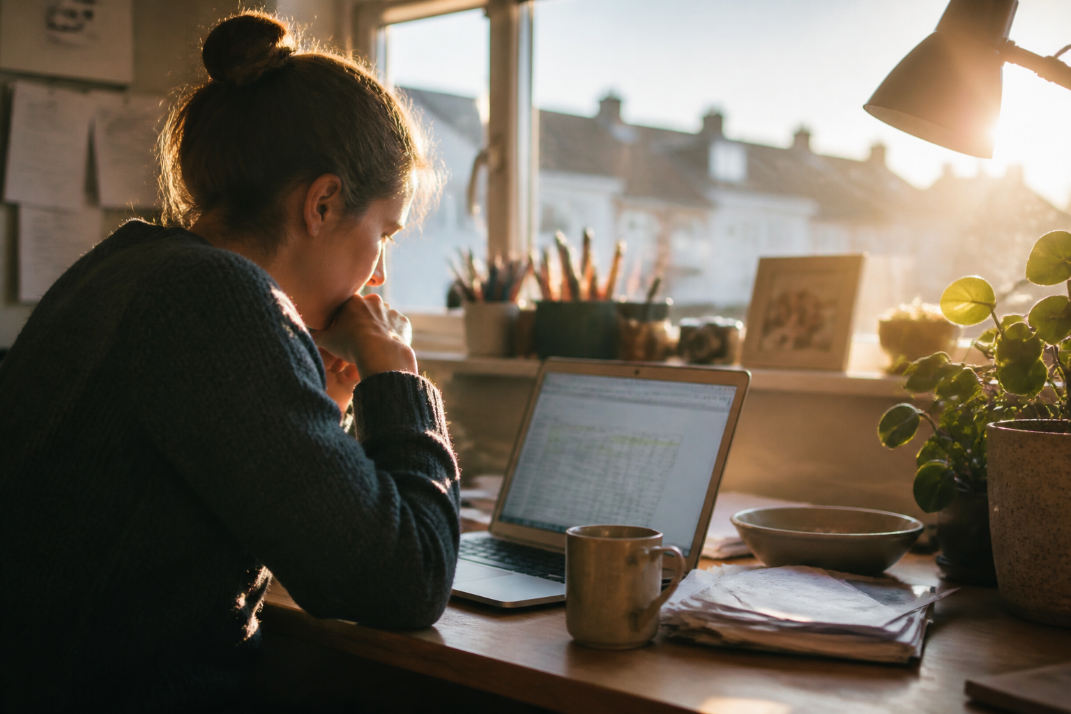 A person looking at a screen in a home office