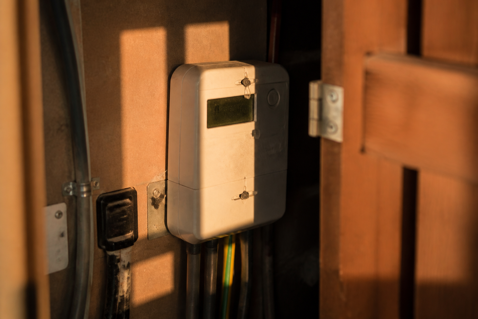 A digital smart meter displaying electricity consumption data in a home setting.