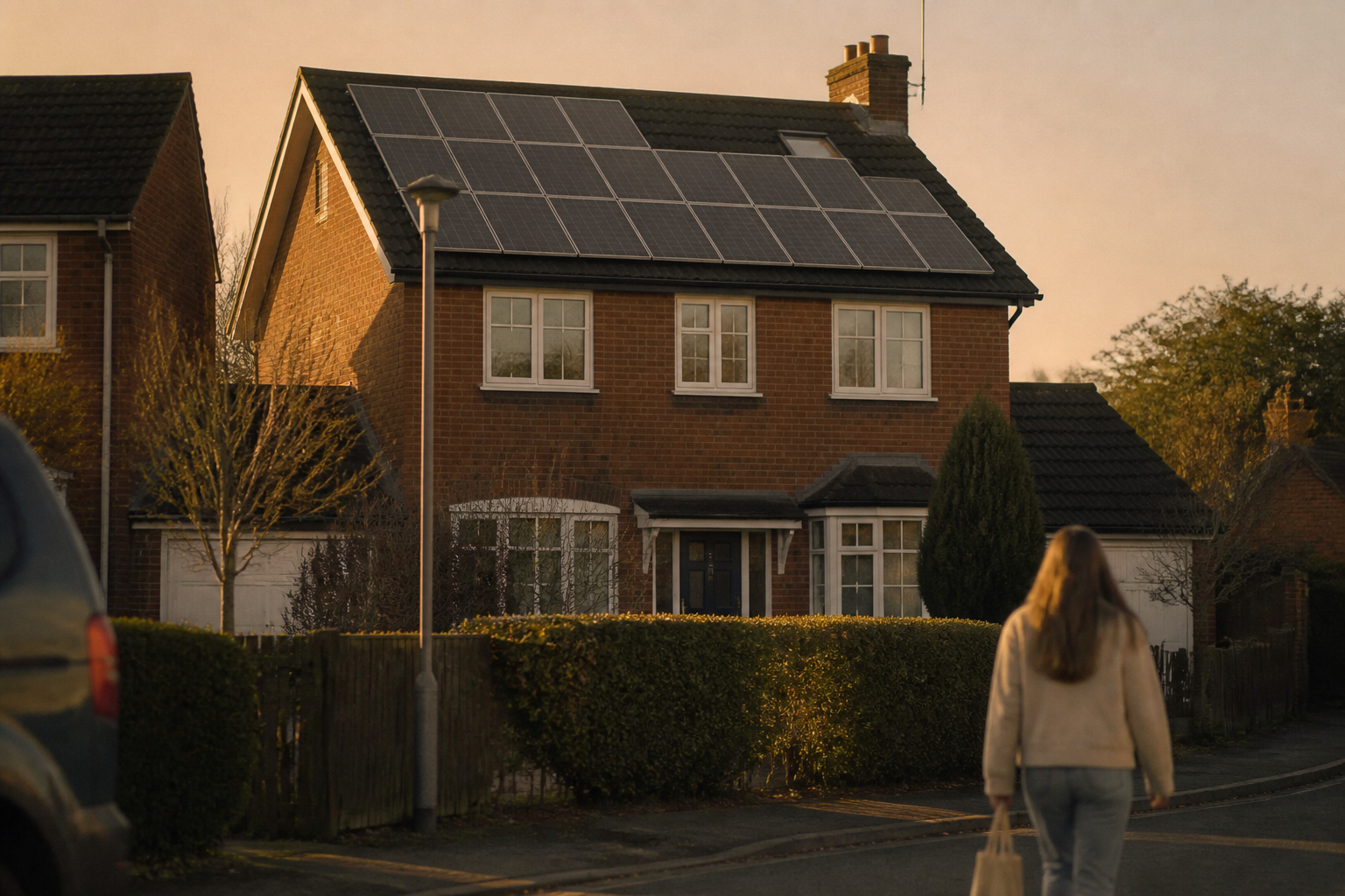 A row of terraced houses in the UK, with solar panels clearly visible on the roof.