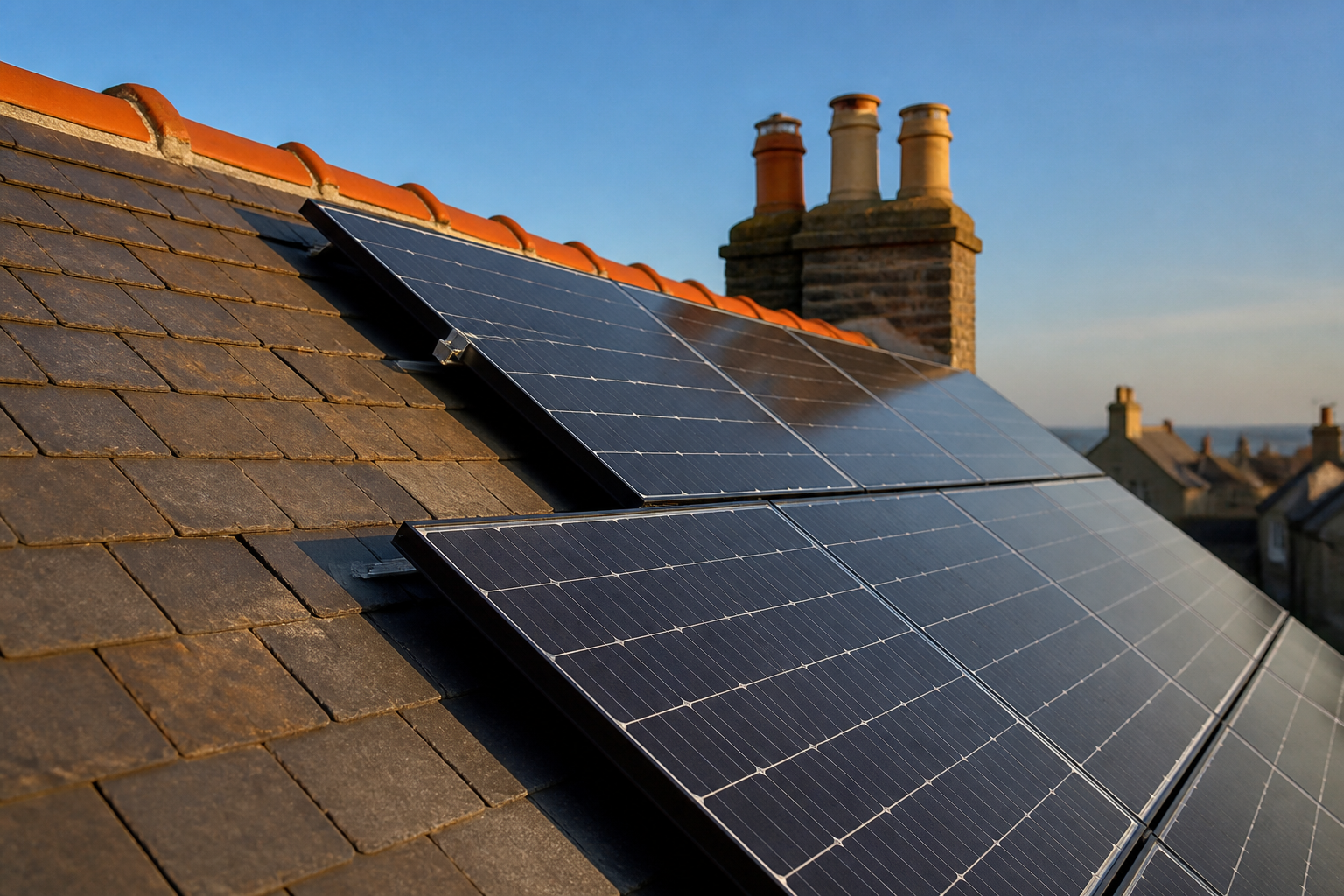 A section of a roof covered in high-efficiency solar panels reflecting the sky.