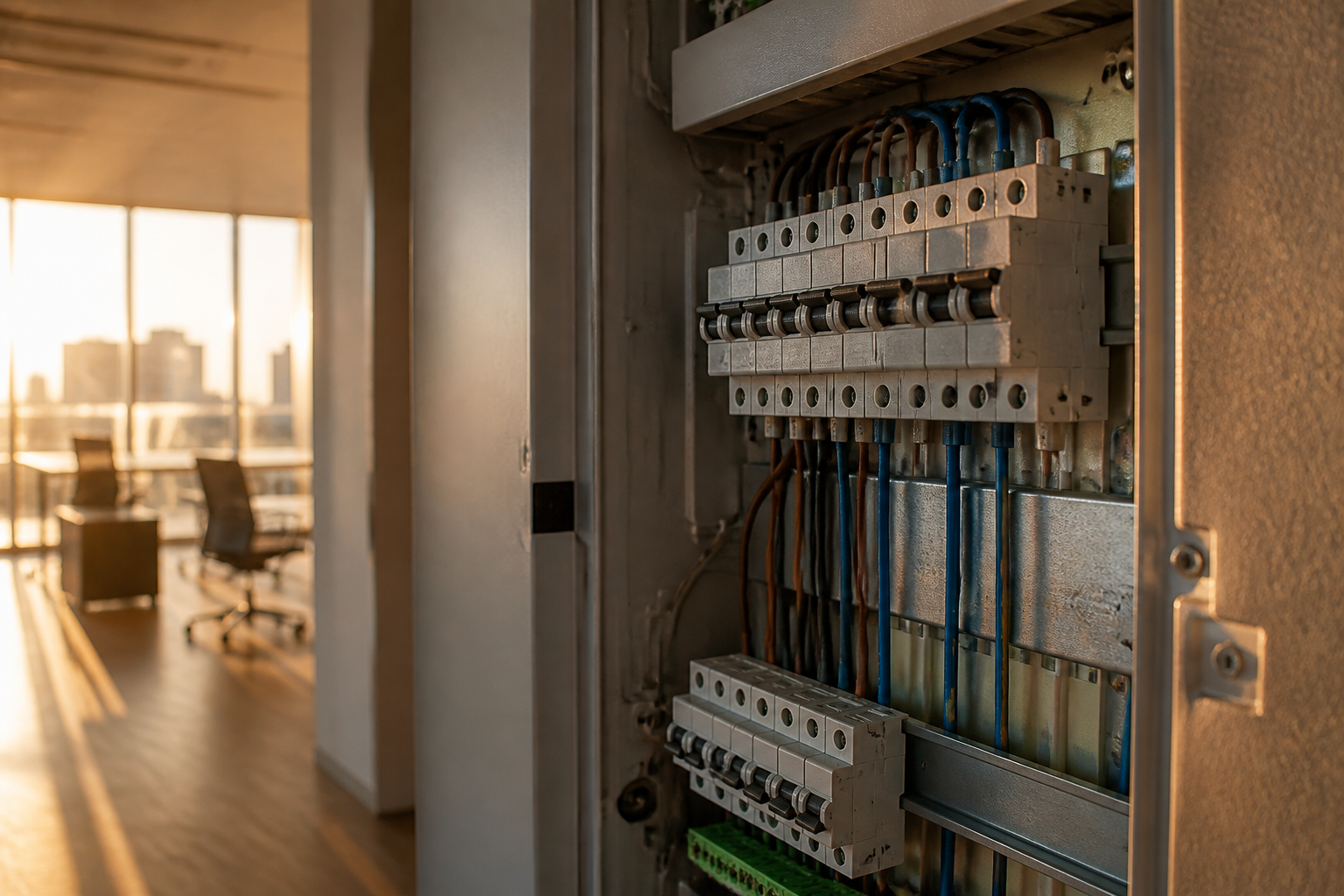 An electrical distribution board representing grid connectivity.