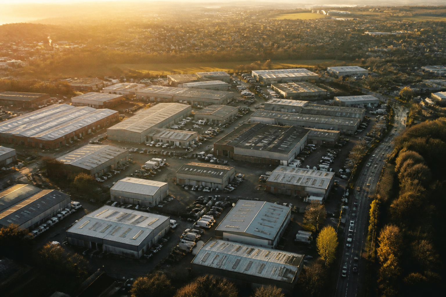 Aerial view of an industrial estate for commercial energy planning.
