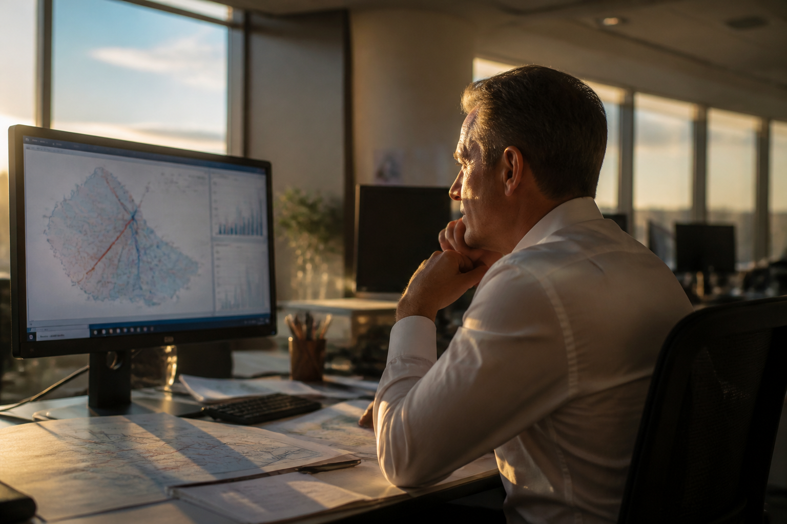 A professional reviewing energy infrastructure connection plans.
