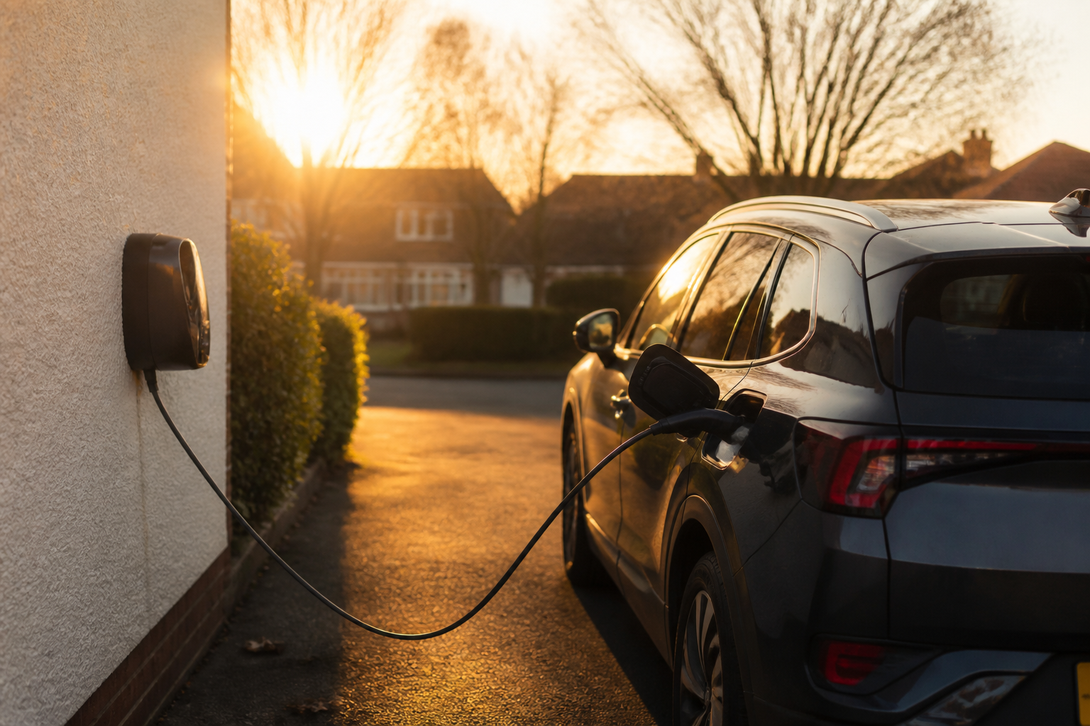 An electric vehicle parked at a home charging point in the UK.