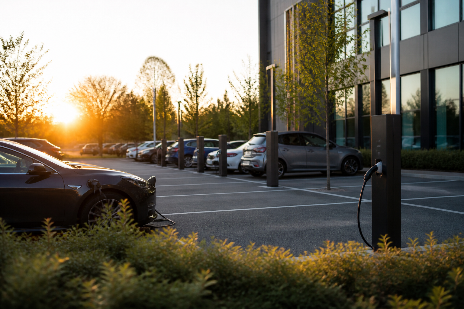 A row of modern, minimalist EV charging stations installed in a professional office car park.
