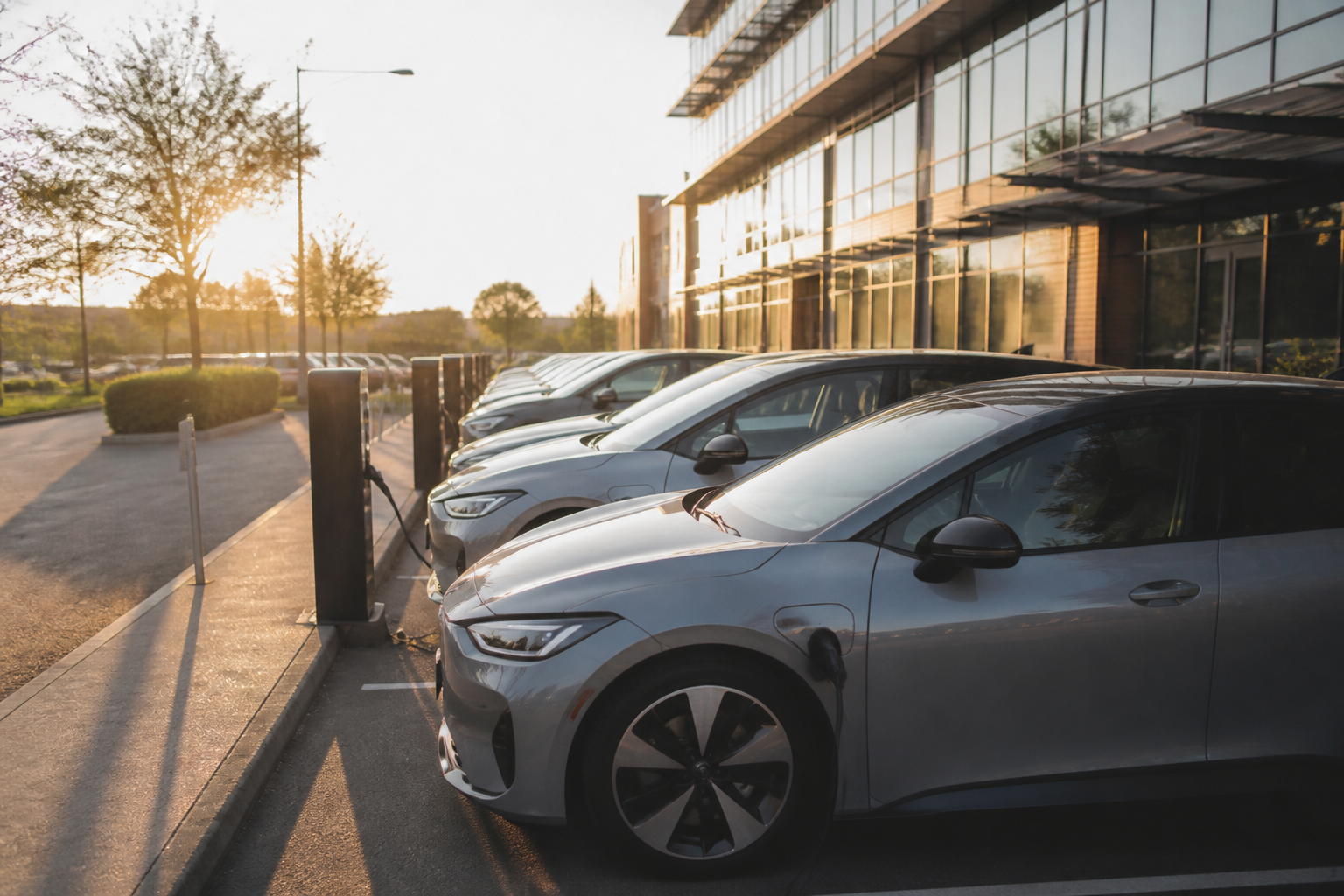 A row of electric vehicles connected to charging points in a modern, sustainable business car park.