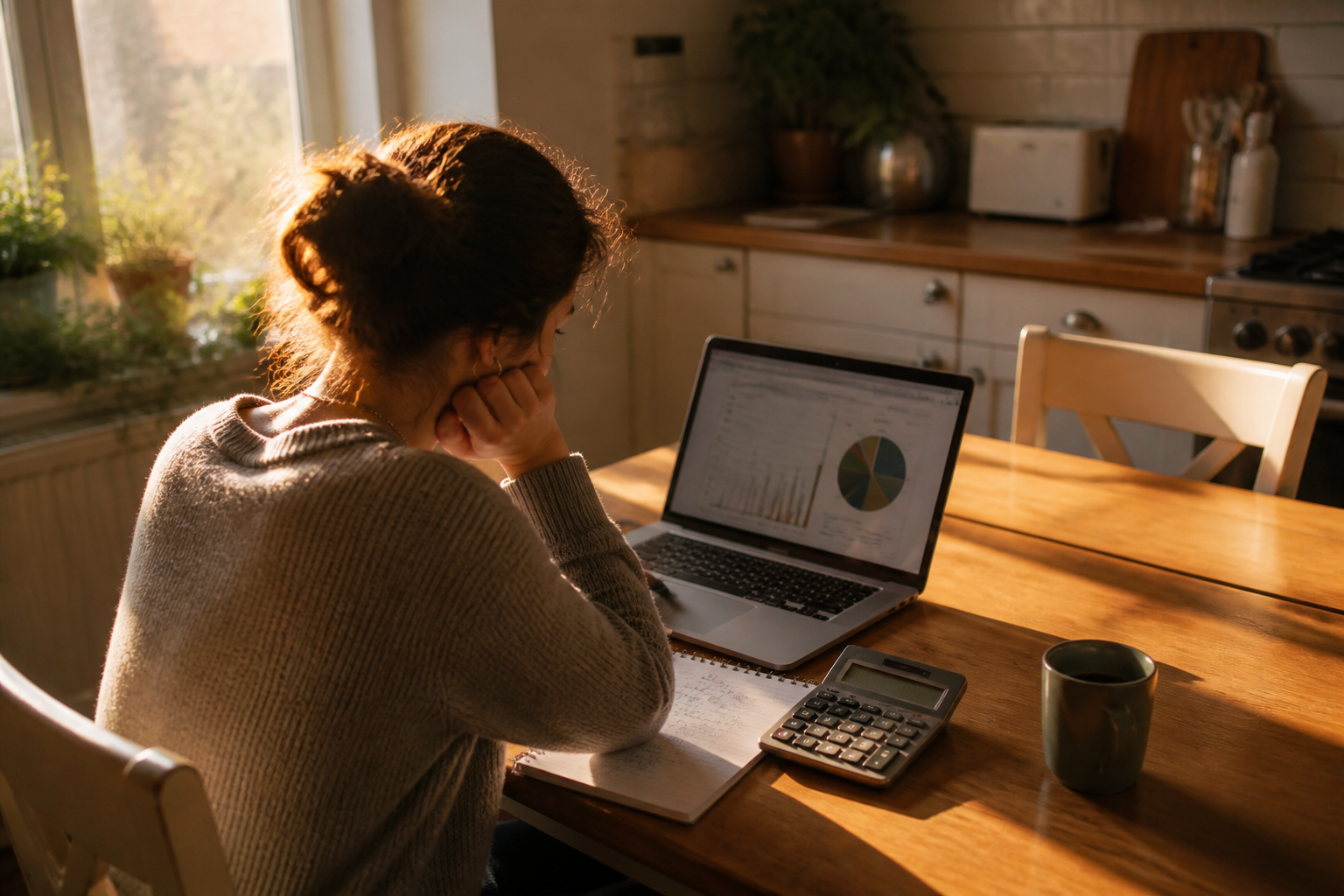 An employee reviewing their monthly household budget on a laptop.