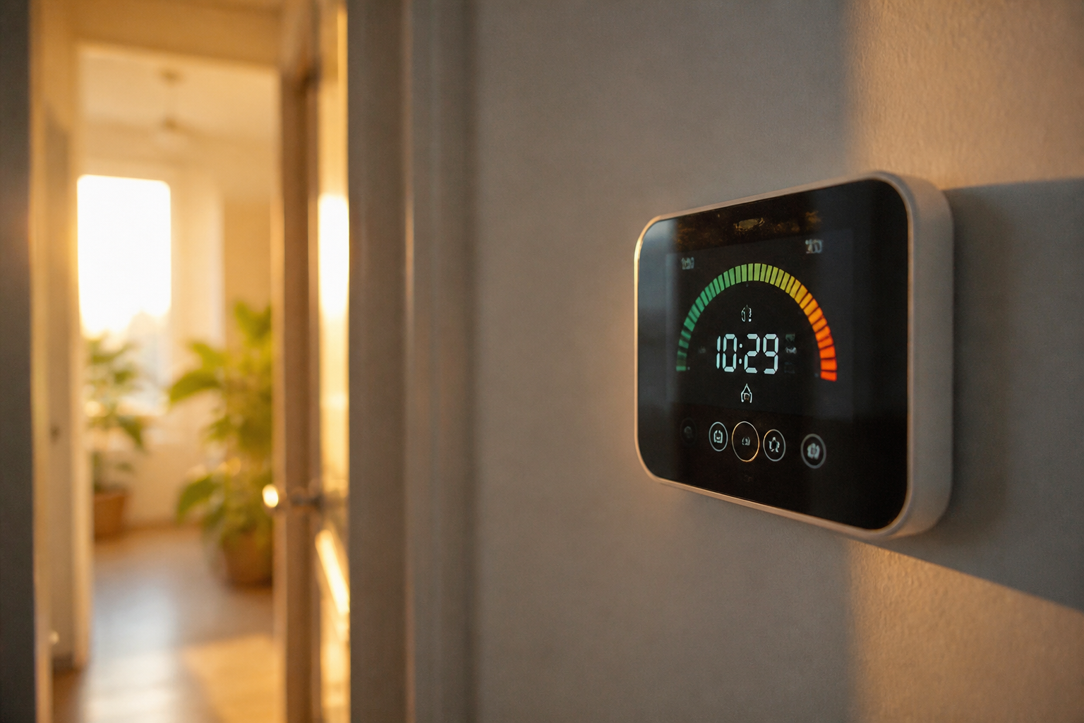 A smart electricity meter displaying data on the wall.
