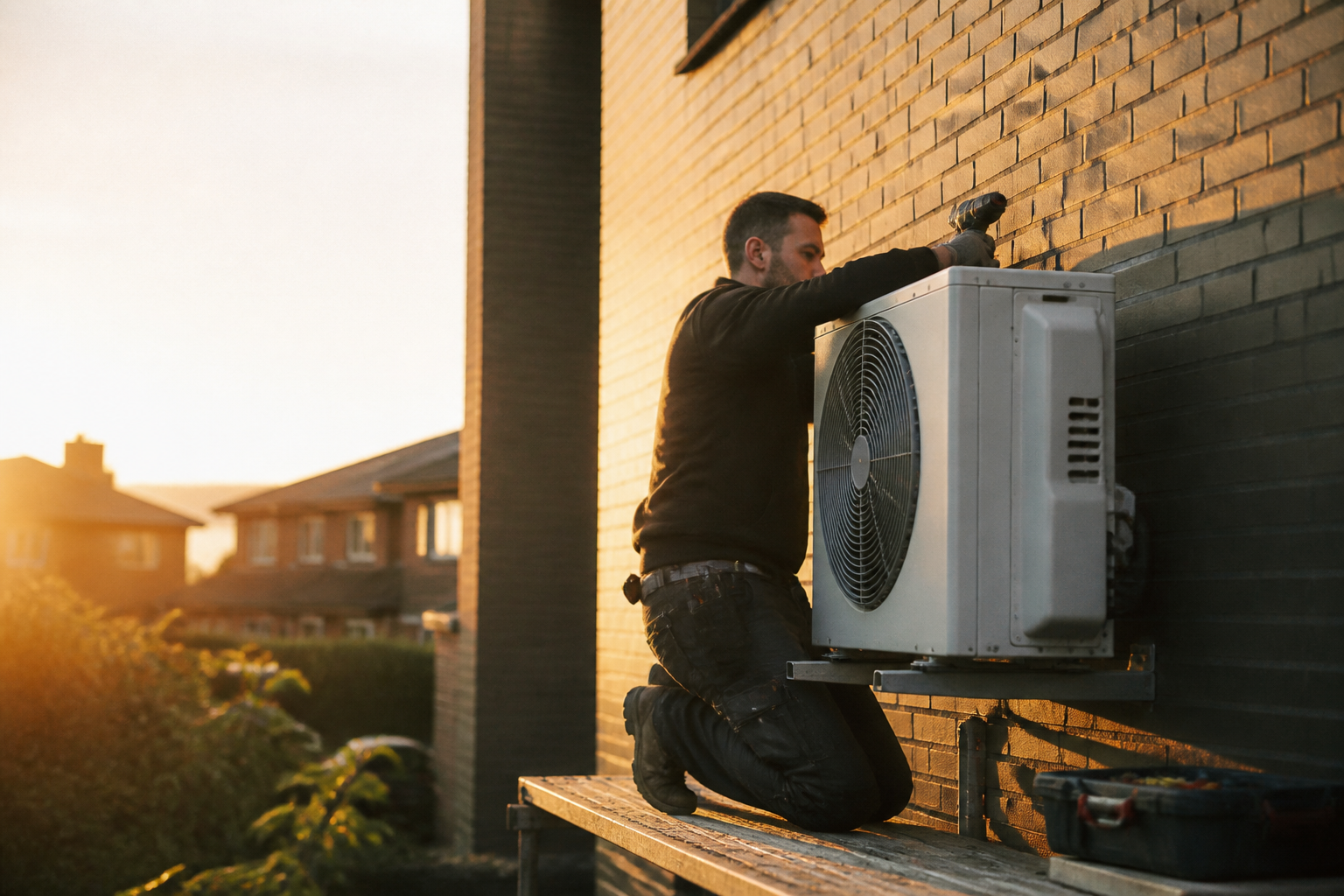 An engineer installing an outdoor heat pump unit at a UK property.