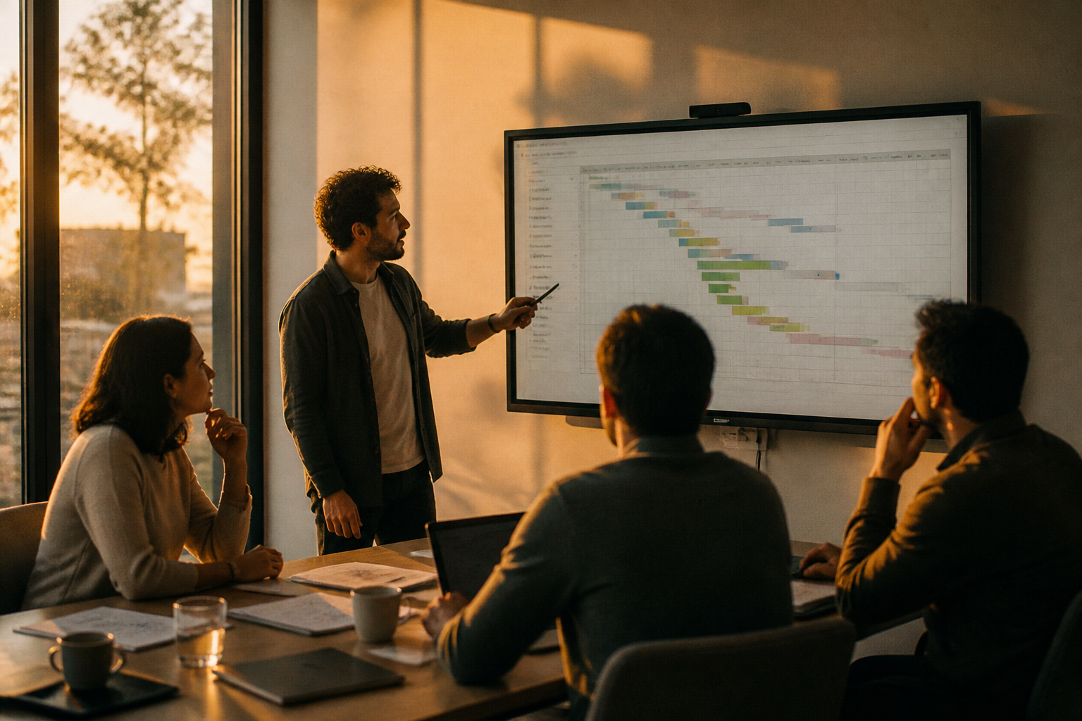 A team of professionals collaborating on a project schedule.