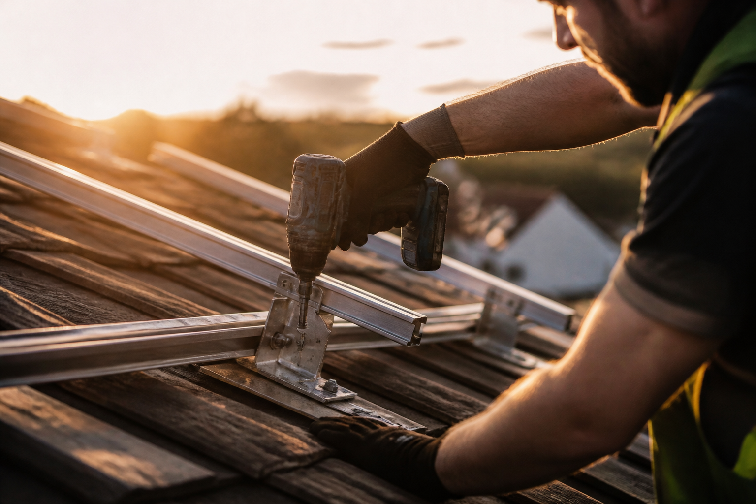 A professional installing solar panel mounting equipment on a house roof.