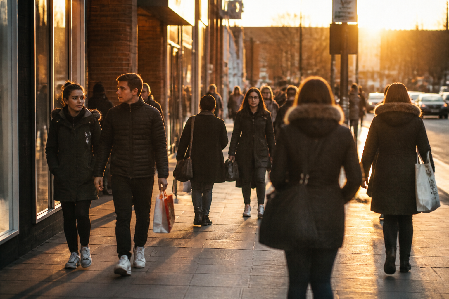 A bustling UK high street scene showing daily activity and consumer behaviour.