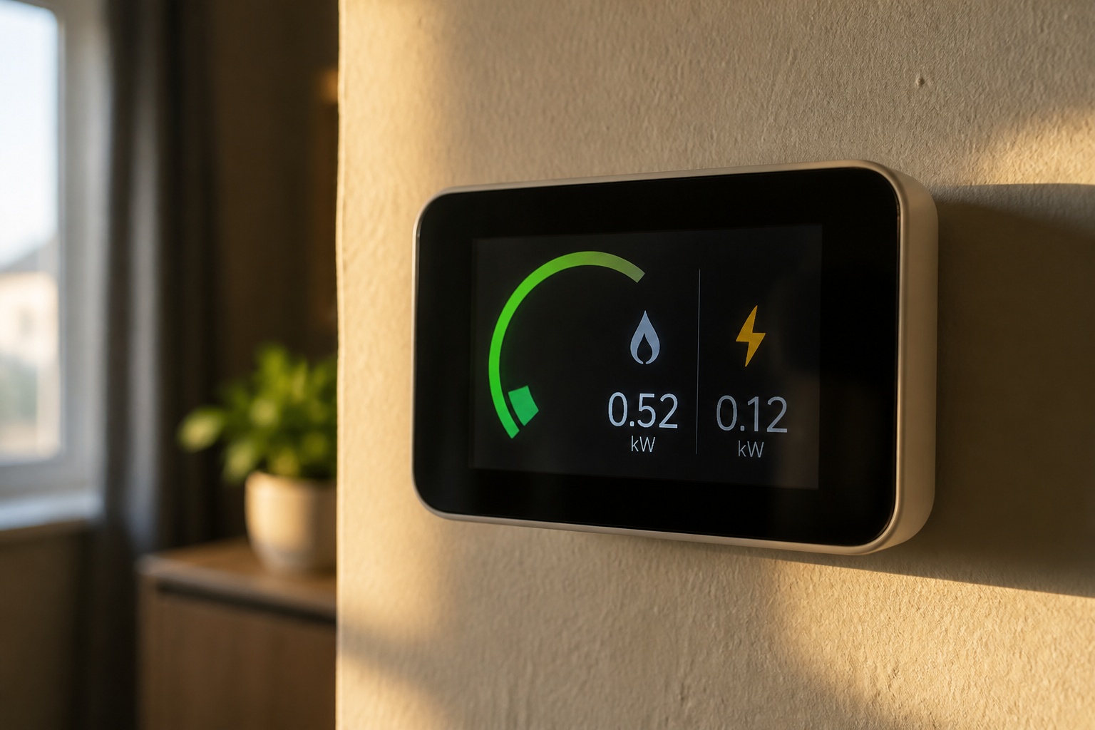 A smart meter display screen mounted on a wall showing energy usage data inside a home.