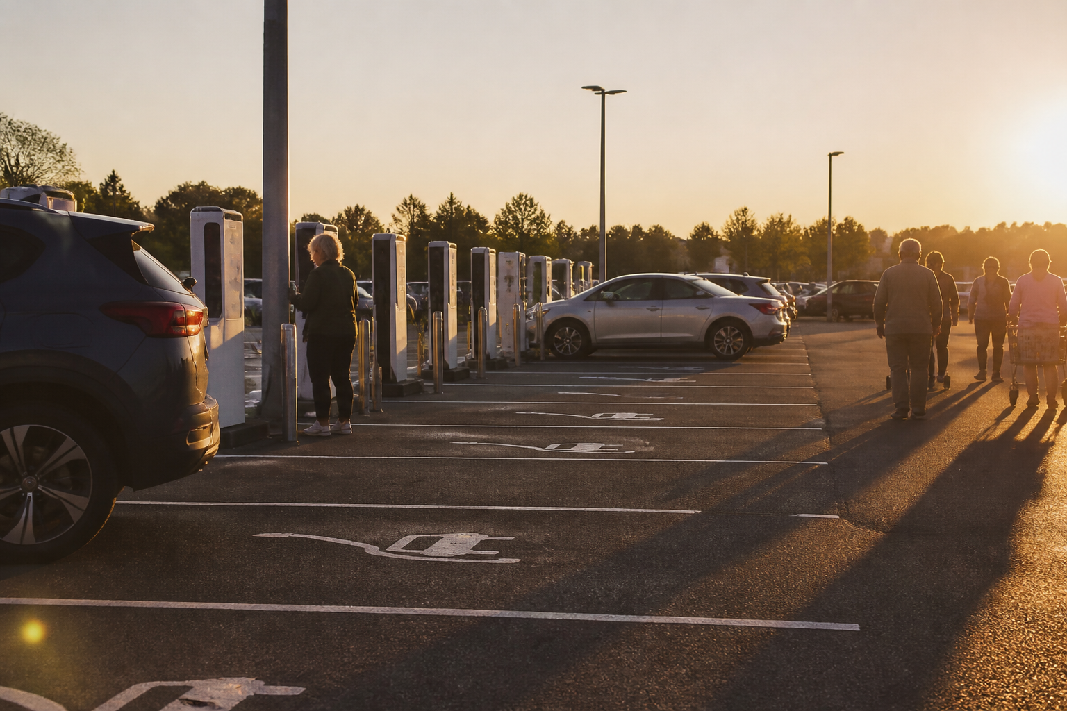Rows of electric vehicle charging points in a commercial office car park.