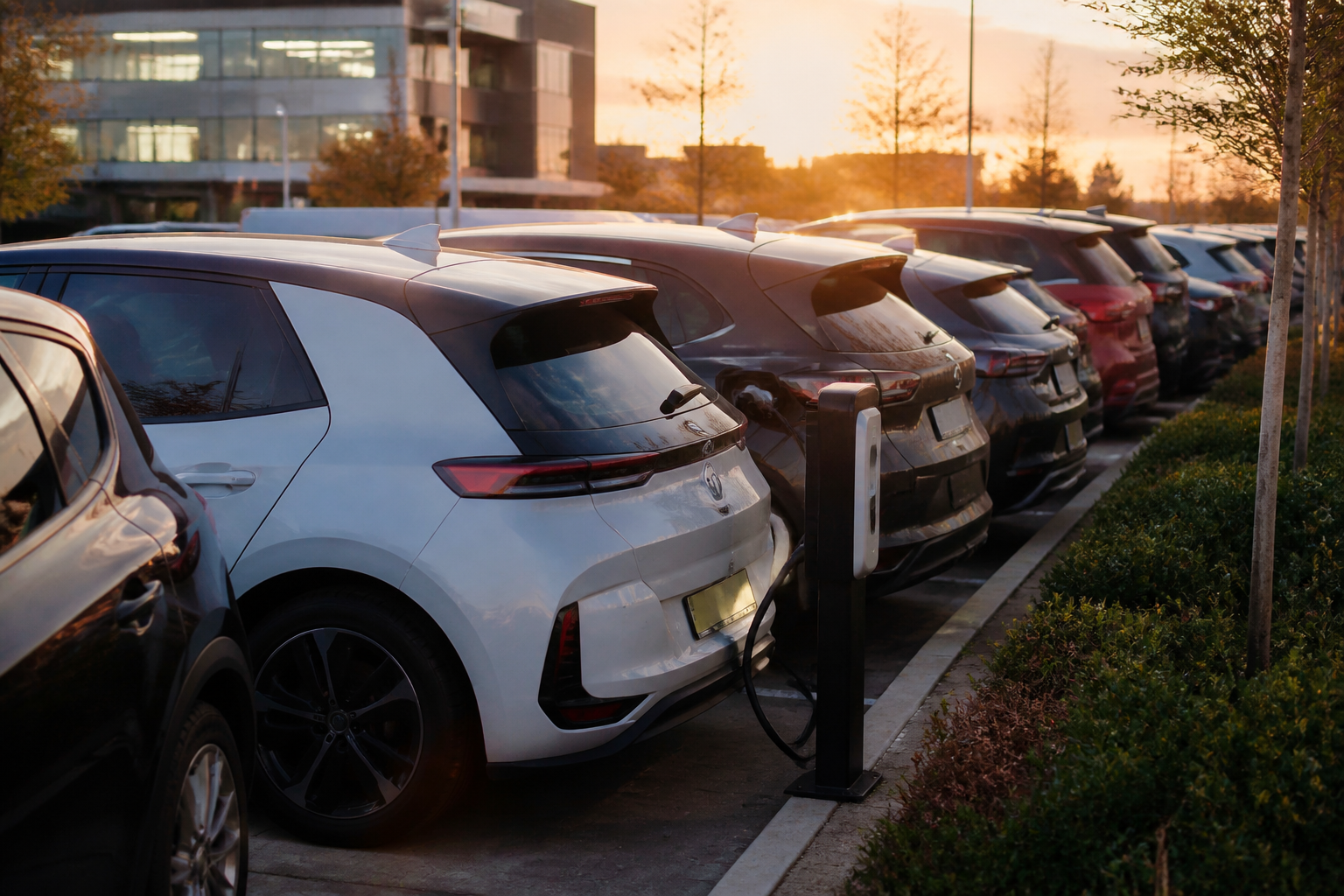 A row of modern electric vehicles parked at a commercial facility in the UK.