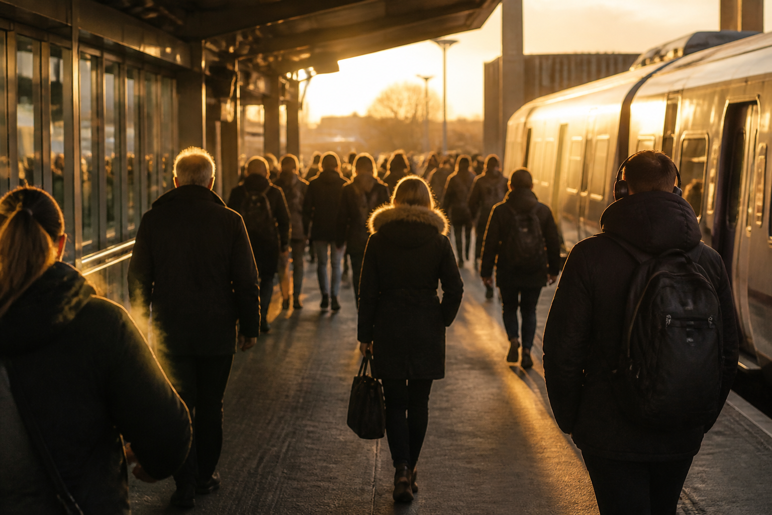 Commuters at a railway station exit