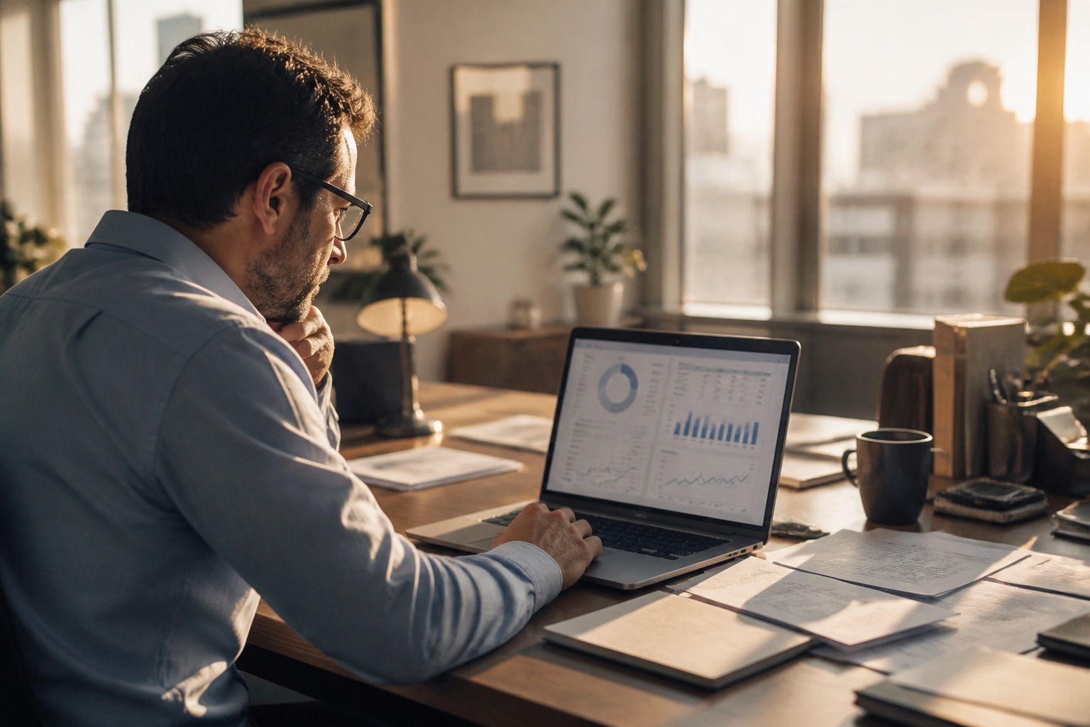 A payroll manager reviewing budget data on a laptop