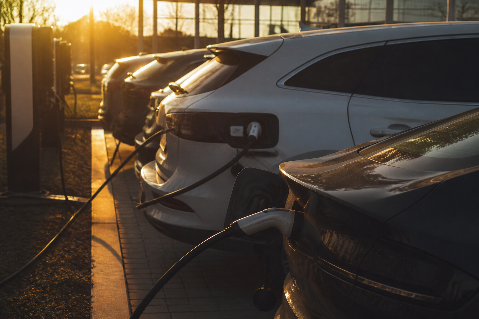 Electric vehicles charging at a workplace facility.