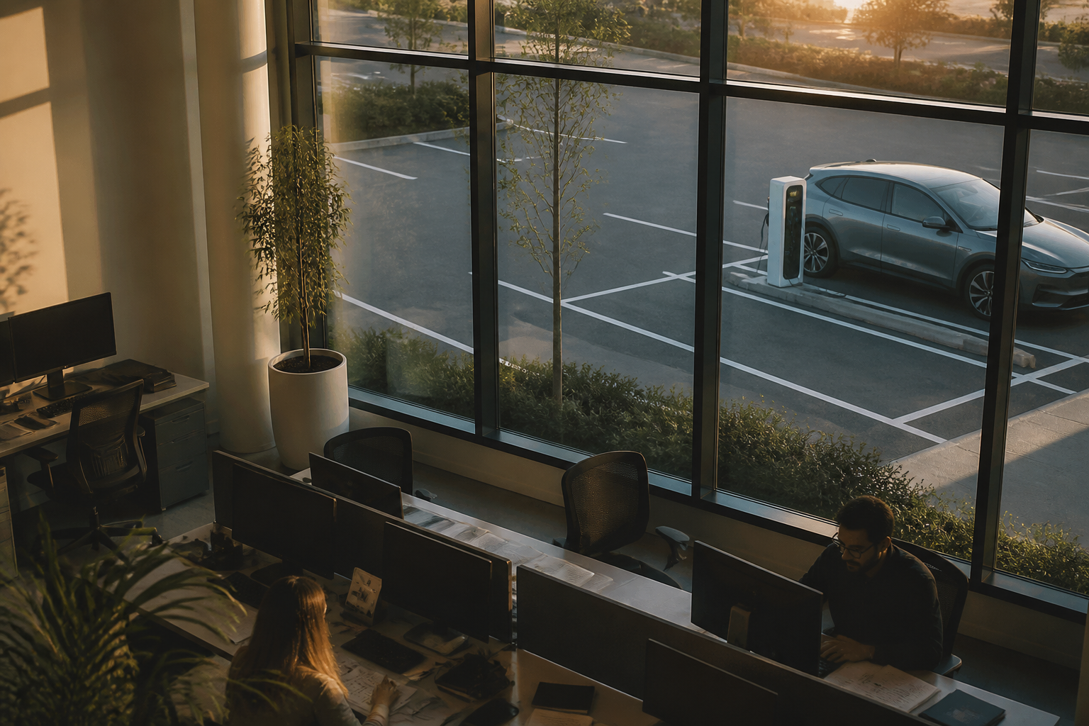 A modern office environment looking out towards a parking bay with an electric vehicle charging point.