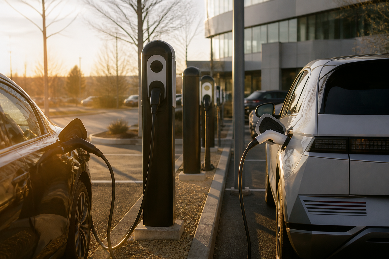 Electric vehicles parked at charging stations