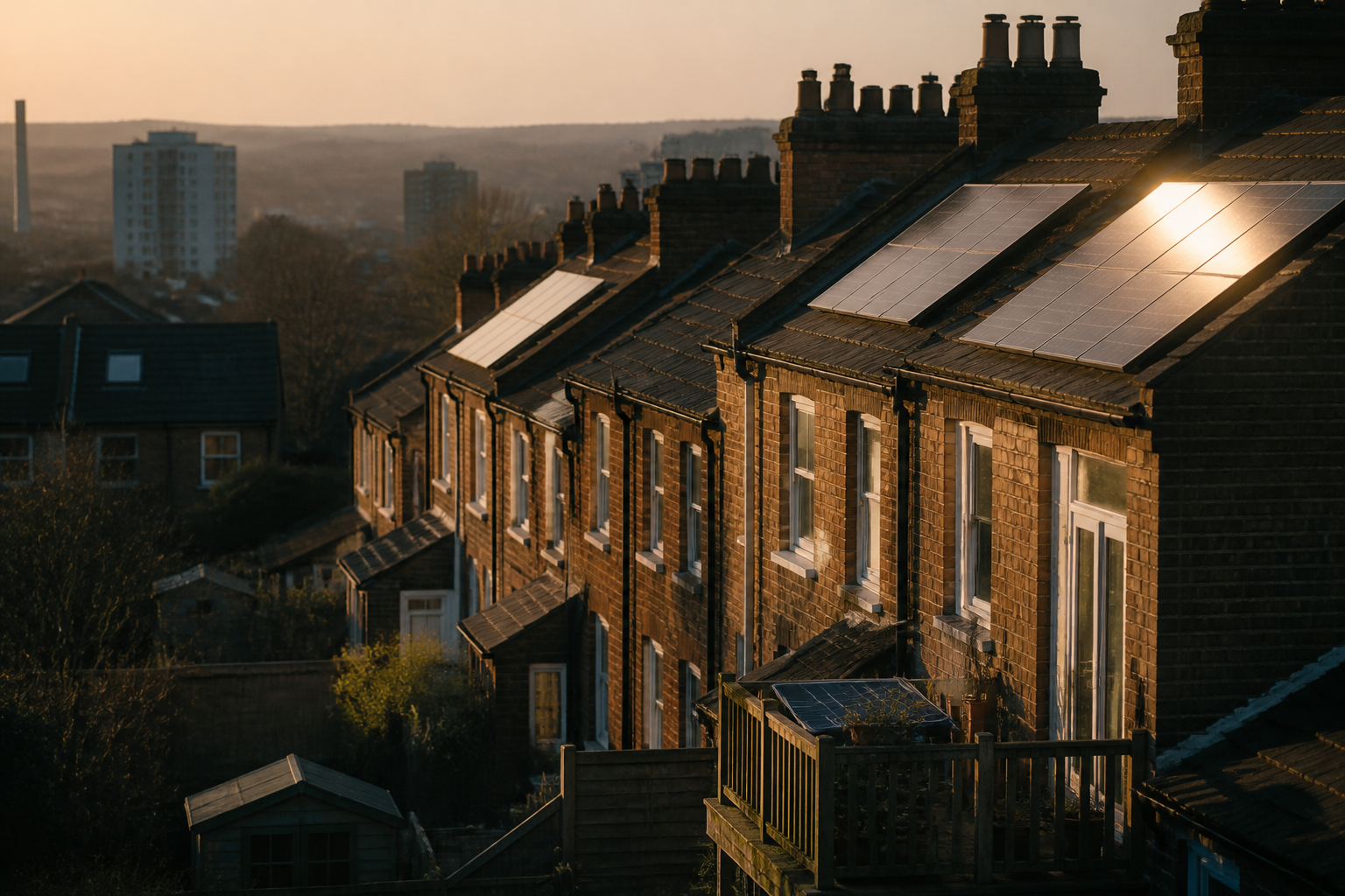 A row of terraced houses demonstrating both rooftop and balcony solar panel placements.