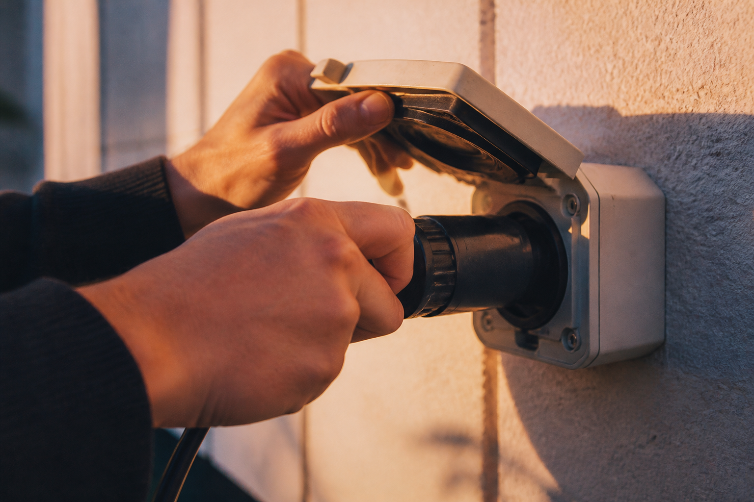 A person plugging a cable from a balcony solar panel into a wall outlet.