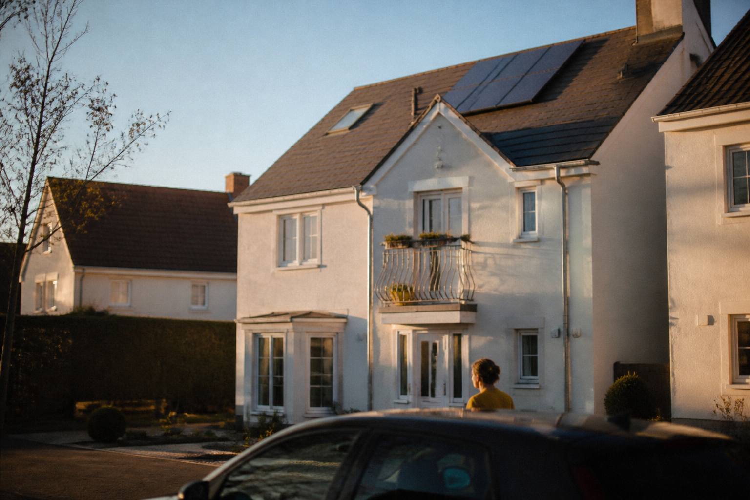 A modern semi-detached home with solar panels installed on the roof and a small balcony feature.