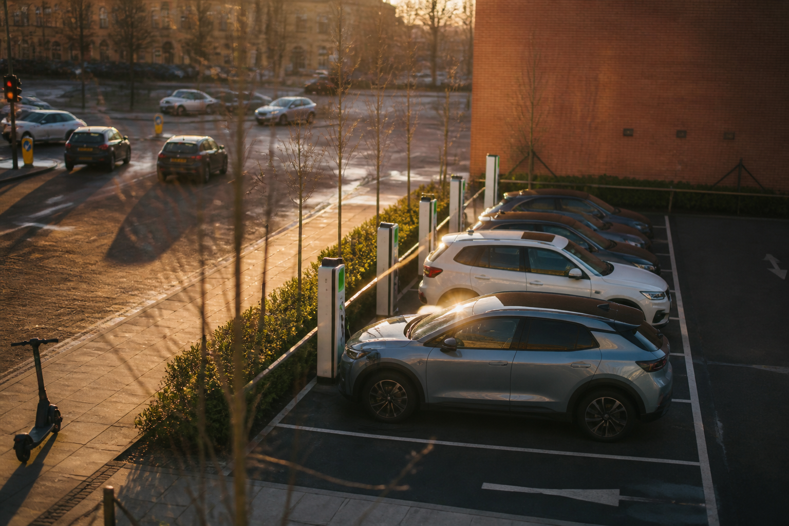Electric car charging station in a UK urban setting.