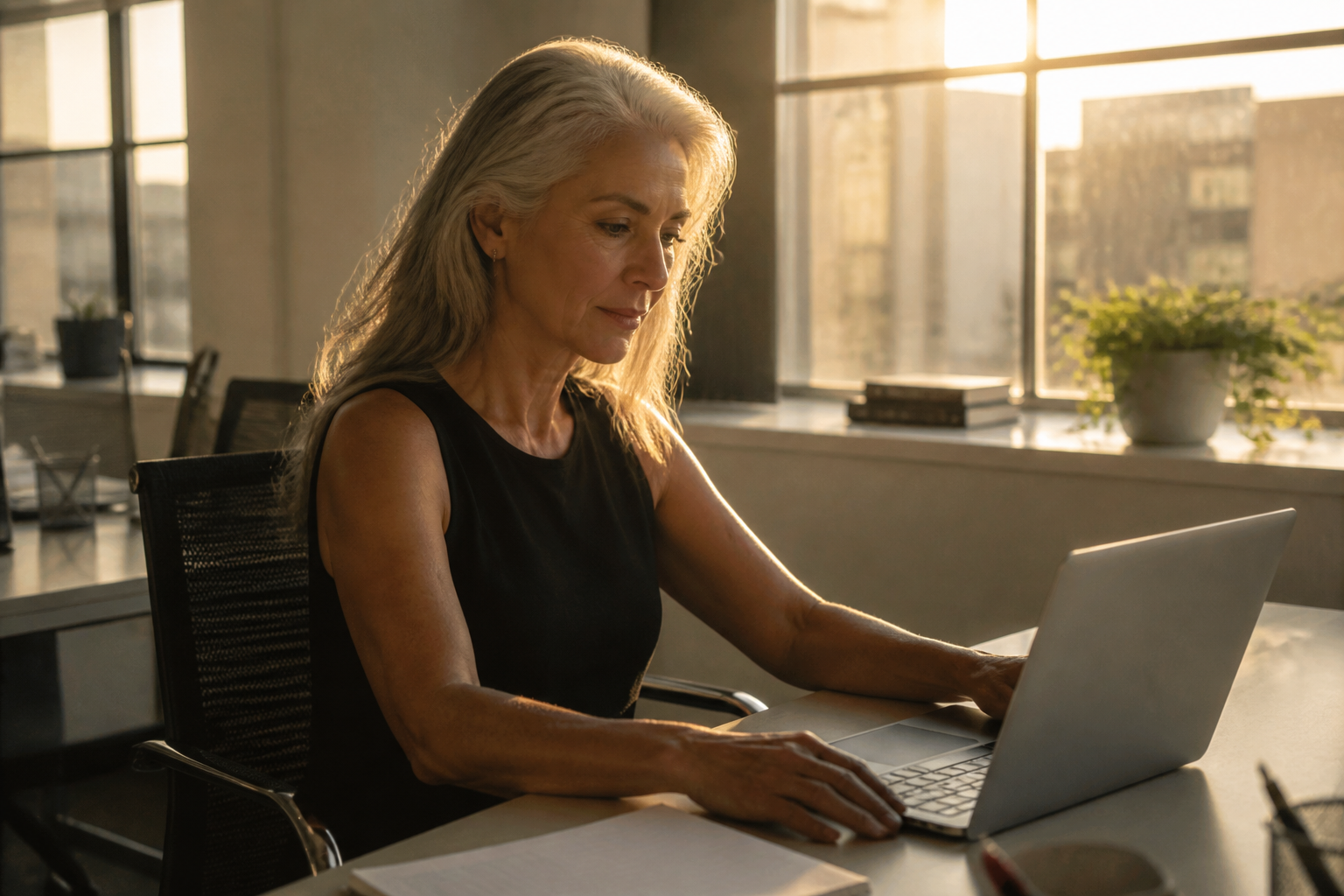 Professional reviewing policy documents on a laptop.