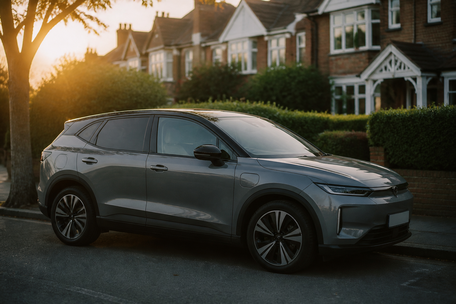 A modern electric vehicle parked on a UK street.