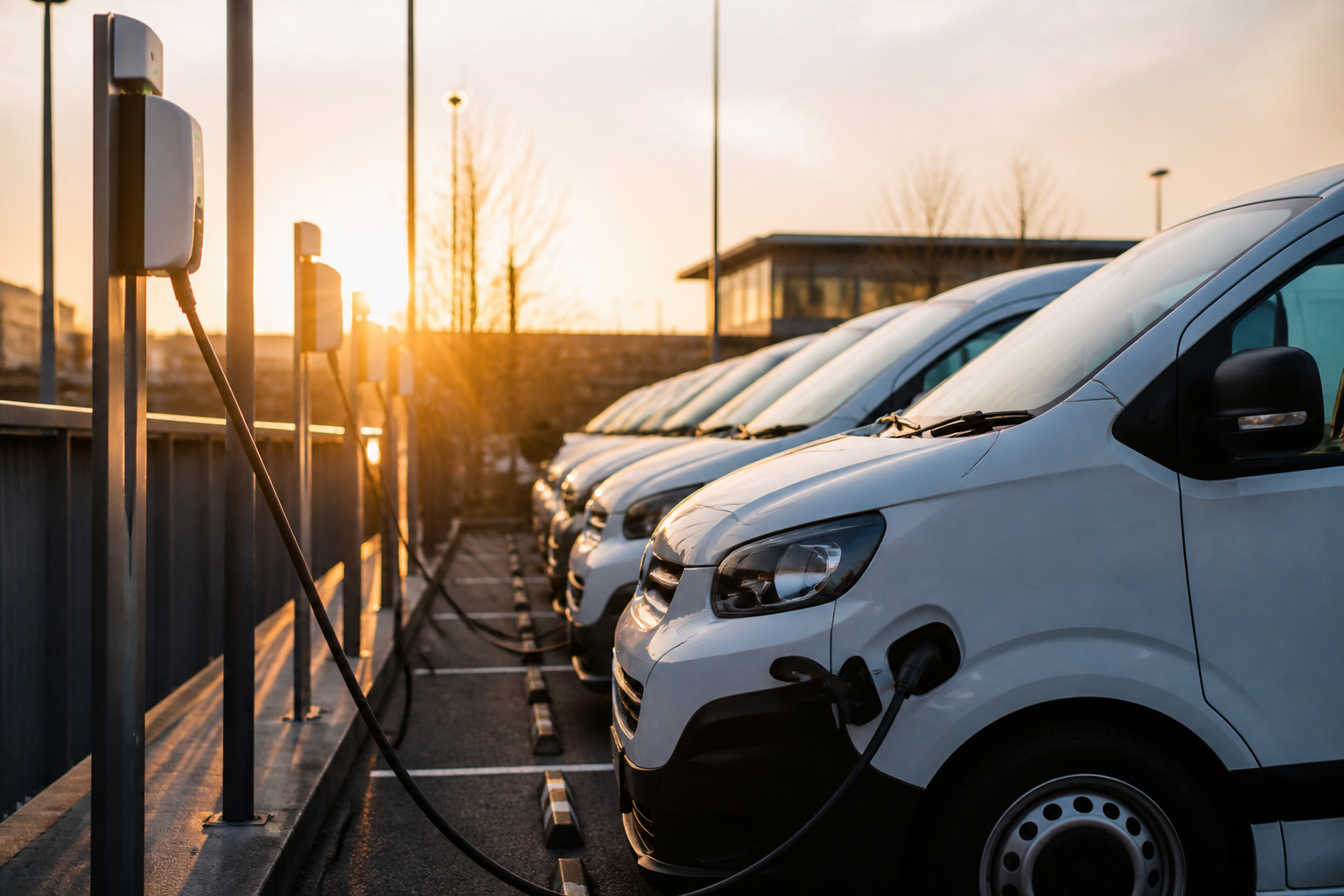 A row of electric vehicles connected to charging points in a clean office park setting.